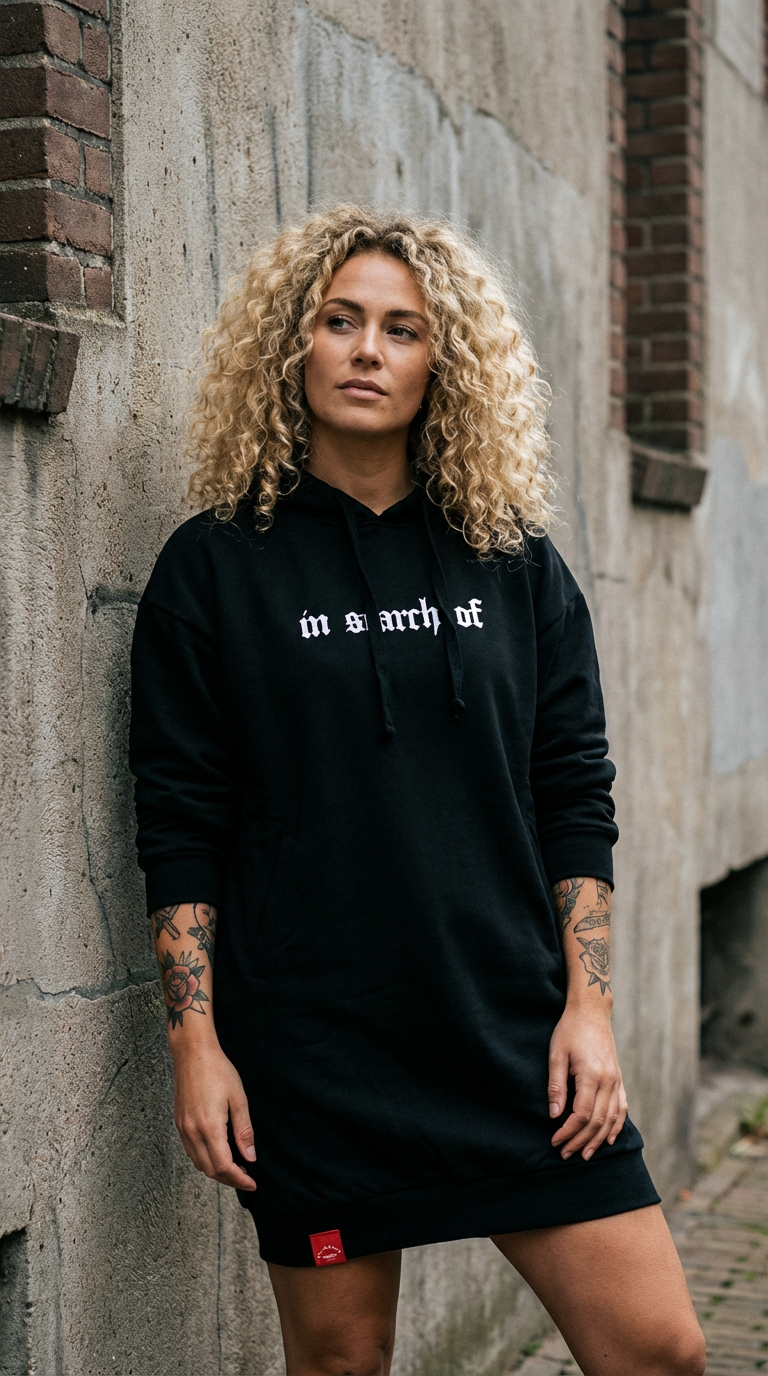 Woman wearing In Search Of black oversized hoodie dress – blonde curly hair, streetwear editorial, gothic chest print visible