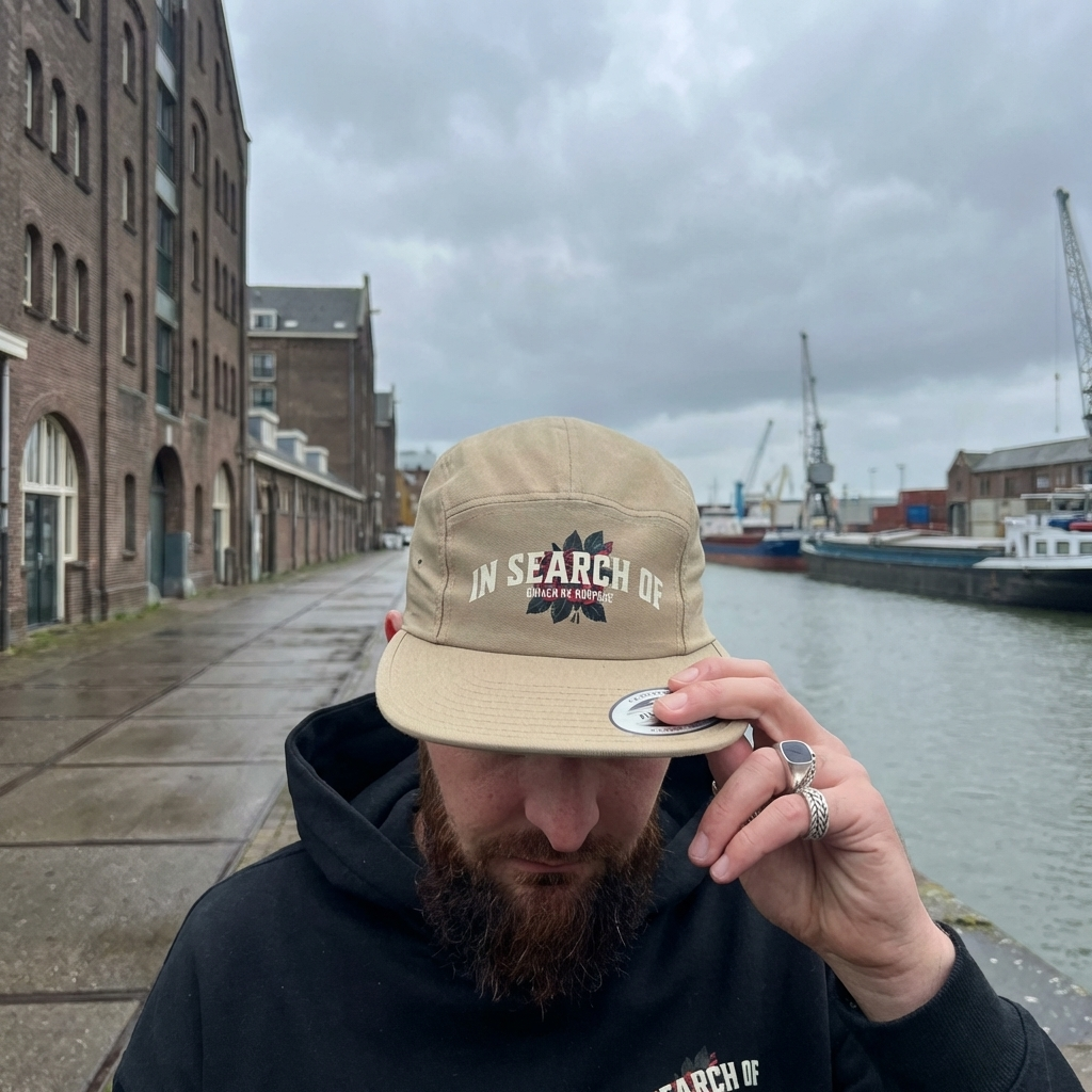 Person wearing a beige cap with 'In Search Of' text, standing by a waterfront with industrial buildings.