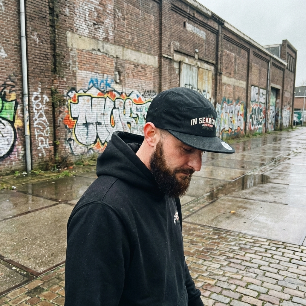Man wearing a black cap with 'IN SEARCH OF' text and hoodie, standing in front of graffiti-covered walls.