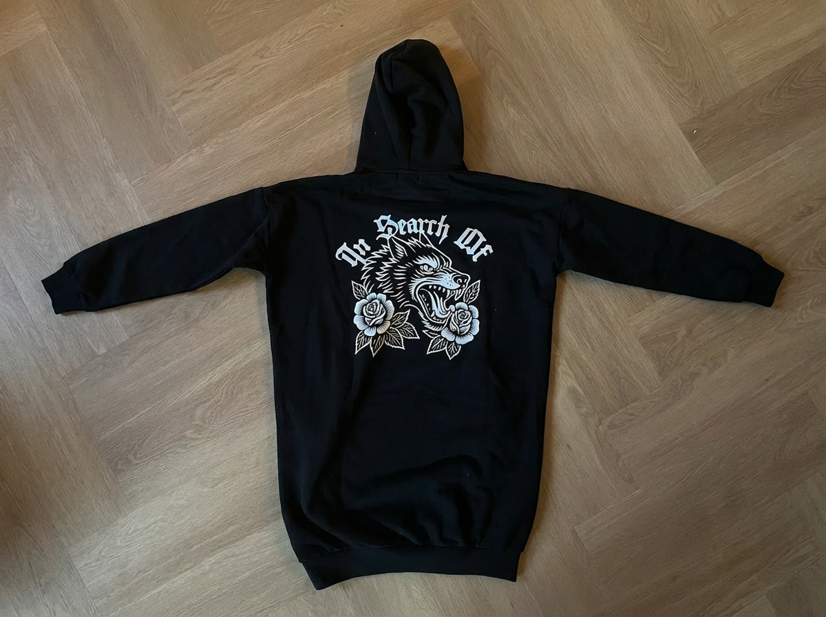 In Search Of Hoodie Dress back view – oldschool wolf and roses tattoo DTF print, gothic "In Search Of" text, black oversized hoodie dress flatlay