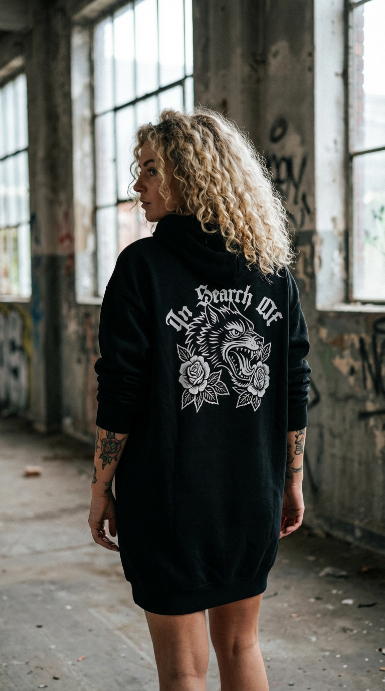 In Search Of Hoodie Dress back – wolf and roses tattoo print on black oversized dress, worn by woman with oldschool tattoos, streetwear editorial