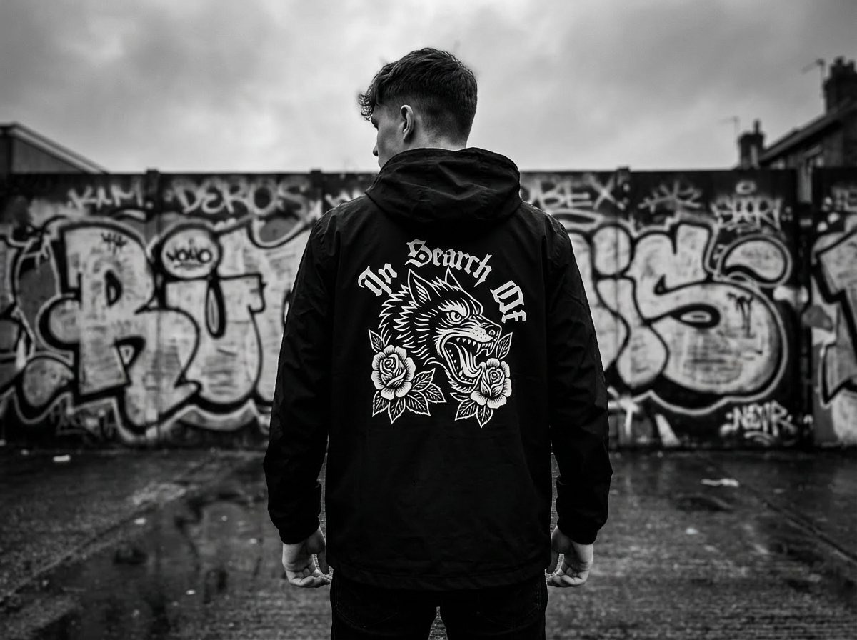 Darker Days Windbreaker back wolf print - In Search Of streetwear jacket