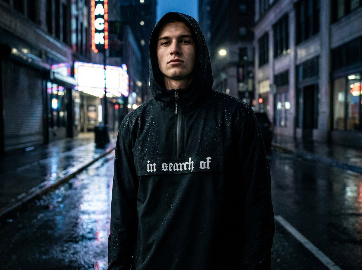 Darker Days Windbreaker — recycled waterproof streetwear jacket with wolf print | In Search Of