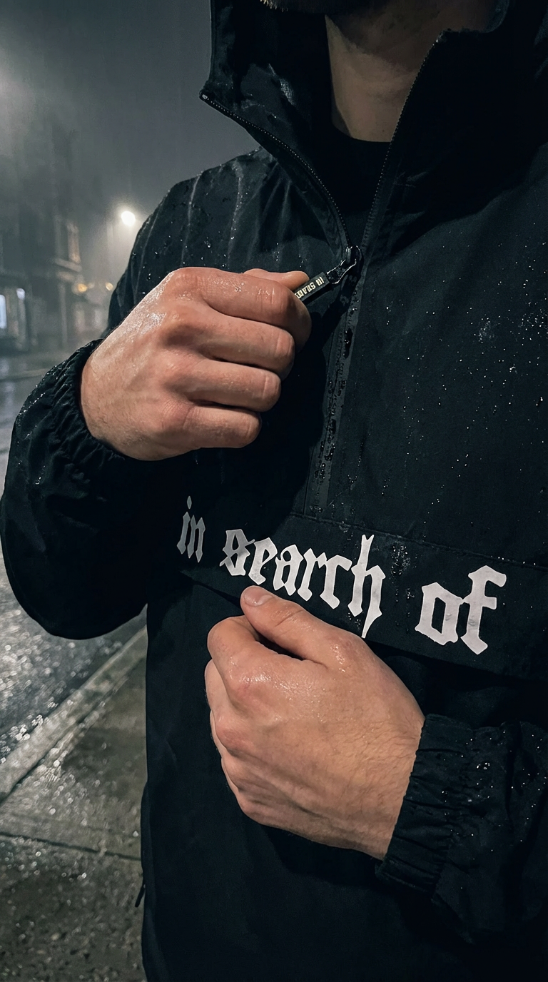Darker Days Windbreaker chest detail gothic lettering - In Search Of
