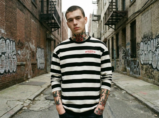 Striped Longsleeve lifestyle front - model met oldschool tattoos