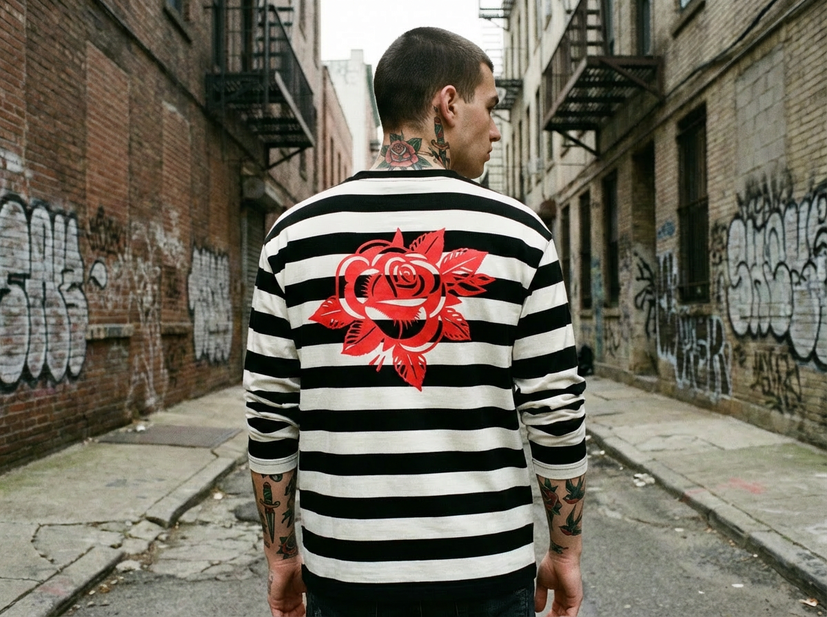 Striped Longsleeve lifestyle achterkant - rode roos print