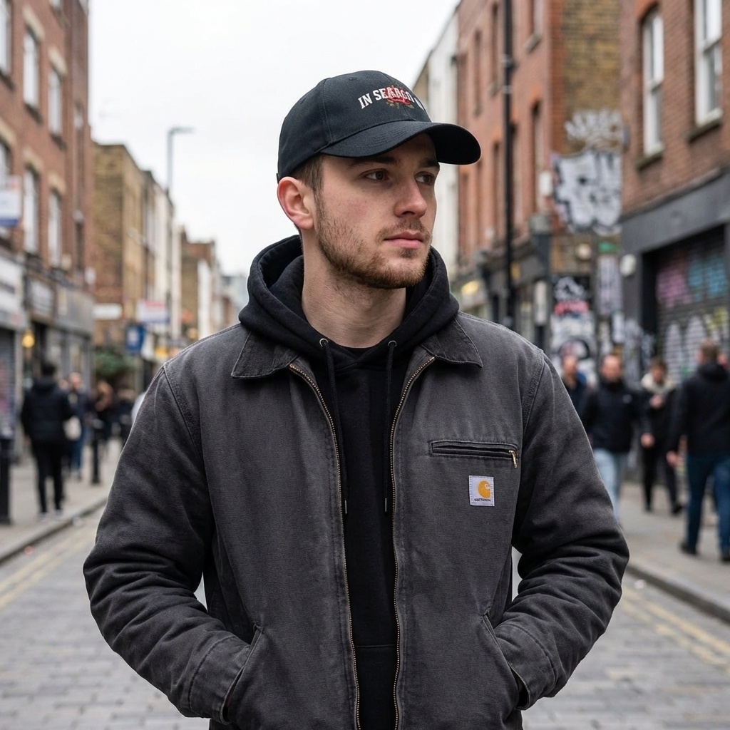 In Search Of Purpose Driven Cap gedragen op straat - zwarte cap met geborduurd IN SEARCH OF logo, urban lifestyle shot
